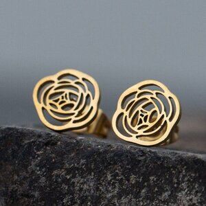 5/$20 Mini Stainless Steel Gold Colored Rose Flower Earrings